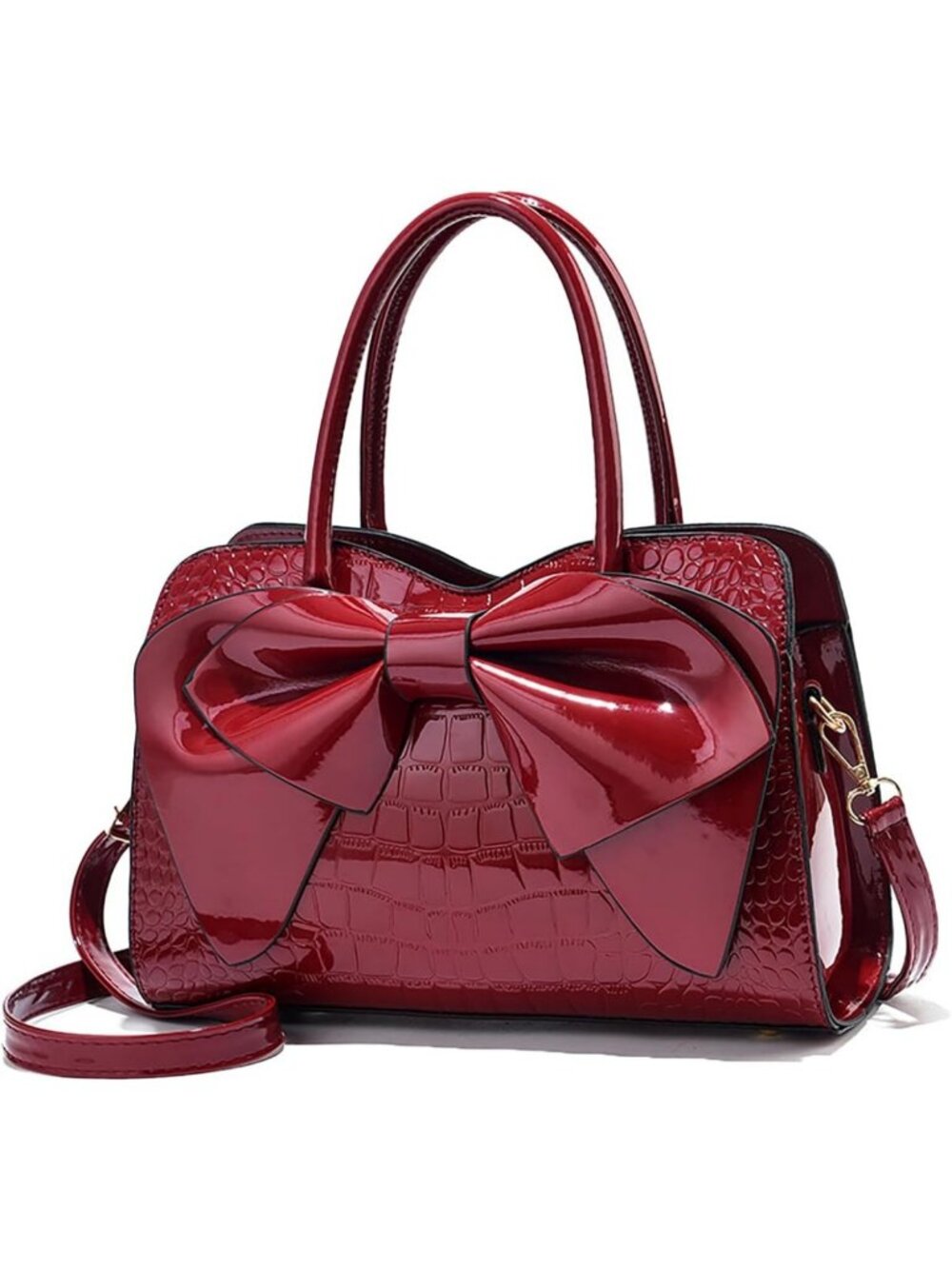 Crocodile Embossed Tote Bag with Bow, Zipper Closure, Stylish Evening Crossbody